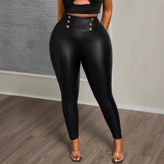 Plus-size Buttoned Tight-fit Figure-flattering Solid-color Stretchy PU Leather by GJG Denim