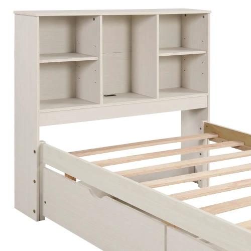 Modern Twin Size Bed Frame With Built-in USB Port On Bookcase Headboard And 2 Drawers White Washed Color by GJG Denim