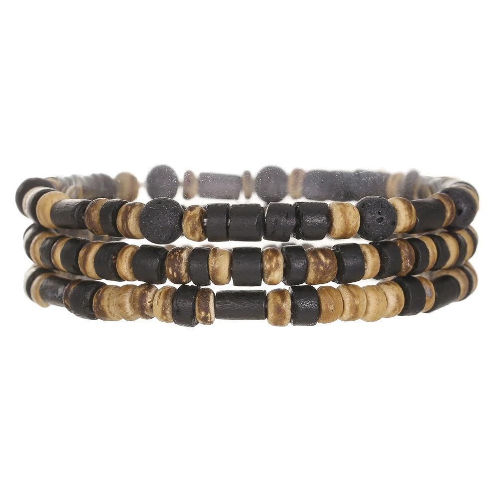 Retro Men's Coconut Wood Multi-Layer Stackable Bracelet Set by GJG Denim