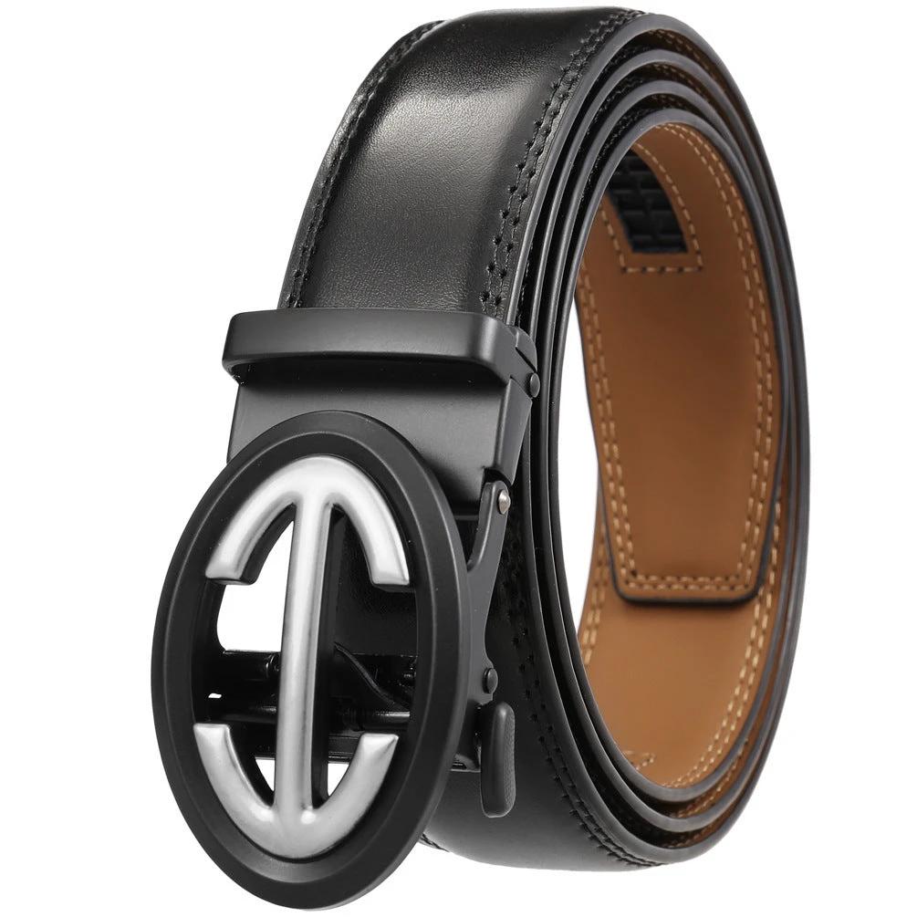 Men's Automatic Alloy Buckle Simple Two-layer Cowhide Belts by GJG Denim