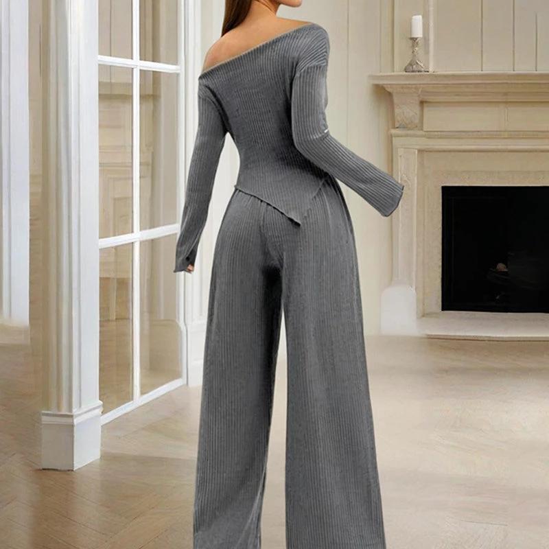 Women's Solid Color Off-Shoulder Long Sleeve Top & Pants Set - Elegant Asymmetrical Hem & Ruffes Cuff Casual Outfit by GJG Denim