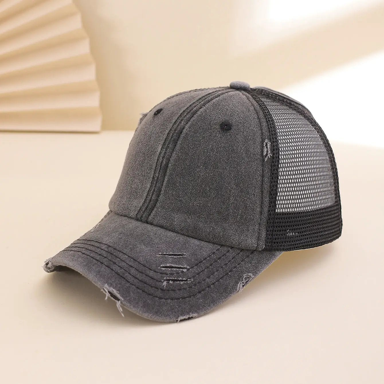 Solid-color, Frayed, Washed-out, Distressed, Mesh-patterned Cap - A Trendy, Youthful, Versatile Baseball Cap That Suits Both Daily Commuting And Outdoor Activities. by GJG Denim