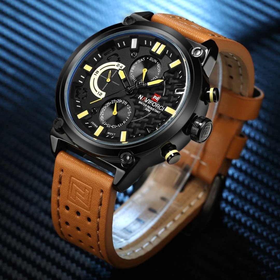 Men's Leather Band Quartz Waterproof Leisure Watch by GJG Denim