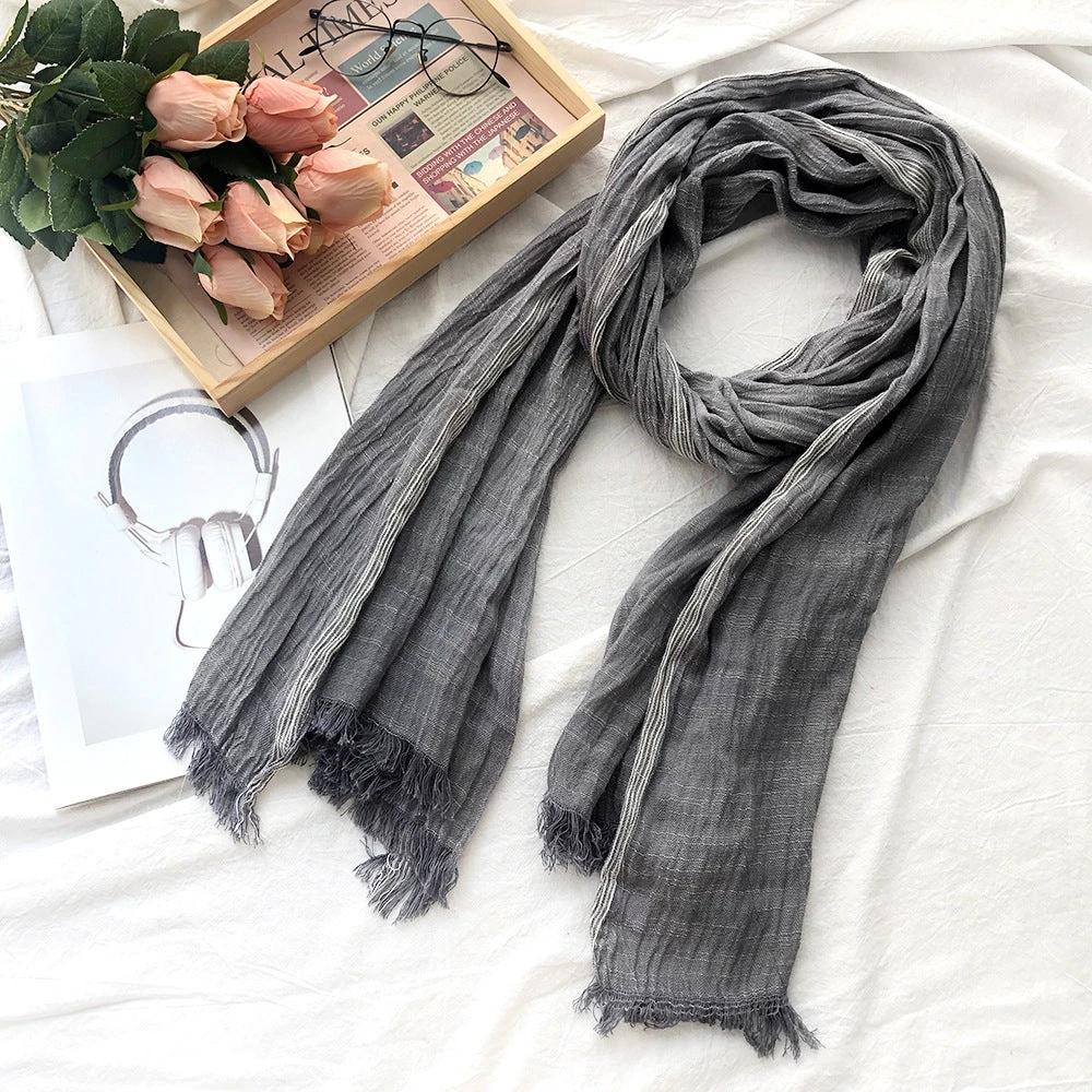 Thin Striped Solid Color Cotton And Linen Scarf by GJG Denim