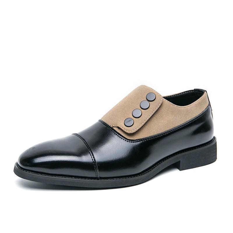 Men's Slip On Low Top Pointed Round Toe Button Leather Shoes by GJG Denim