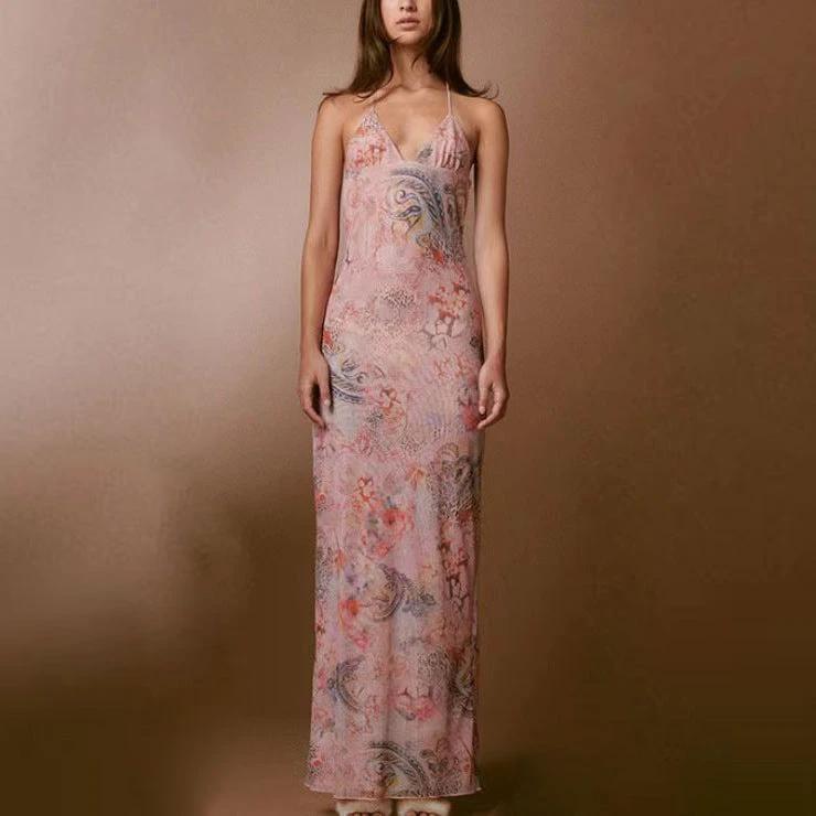 Floral Print Halter Spaghetti Straps Dress Sexy Slim Butterfly Back Dressess Spring Summer Womens Clothing by GJG Denim