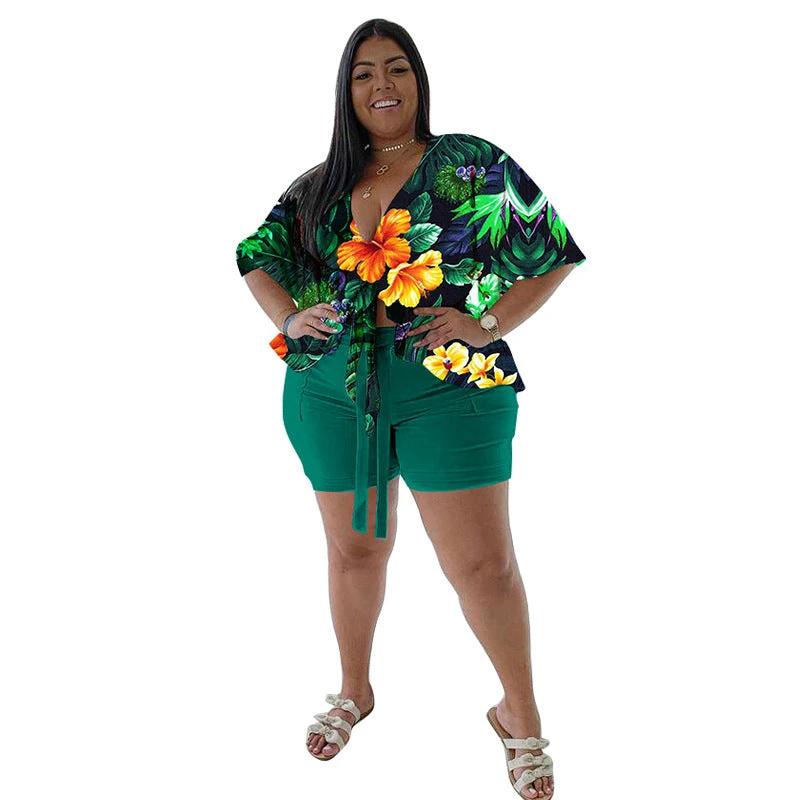 Women's Plus-Size Casual T-Shirt And Shorts Set With Print by GJG Denim