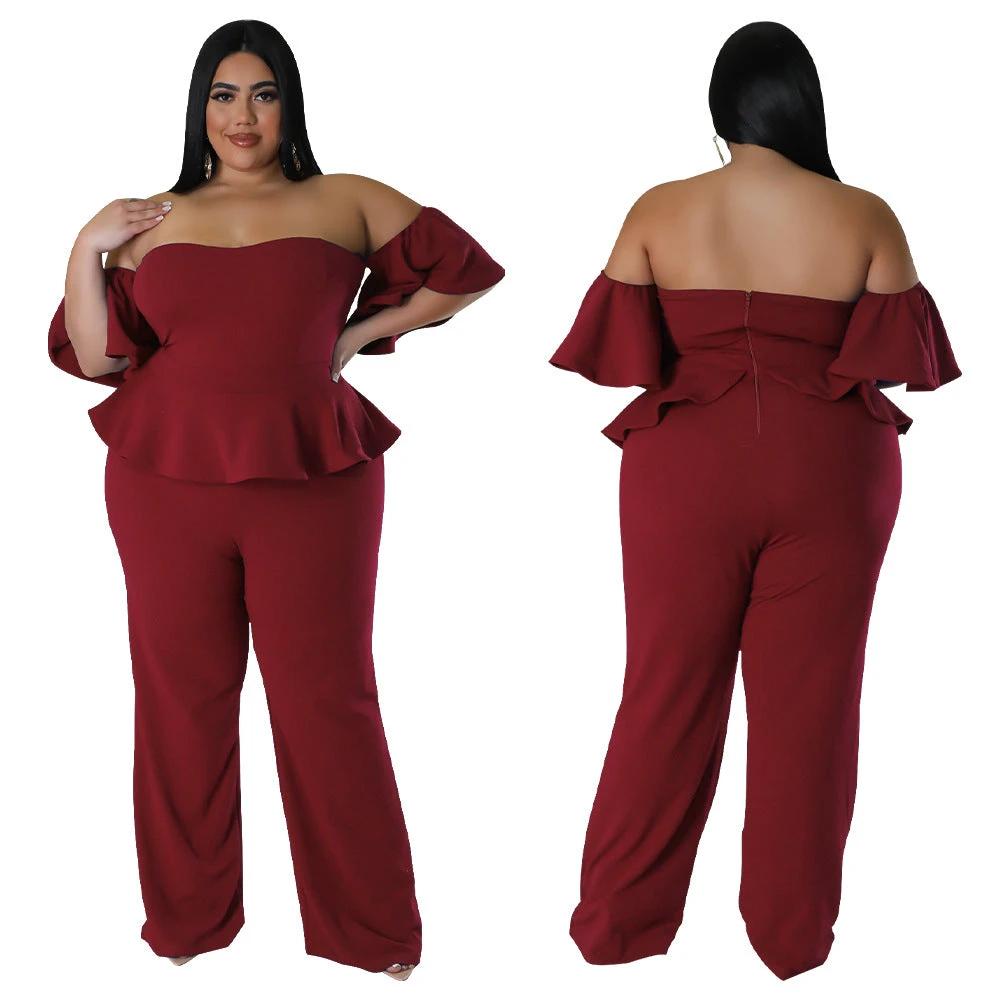 Sexy Off-shoulder Short-sleeve Wide-leg Stretch Jumpsuit by GJG Denim
