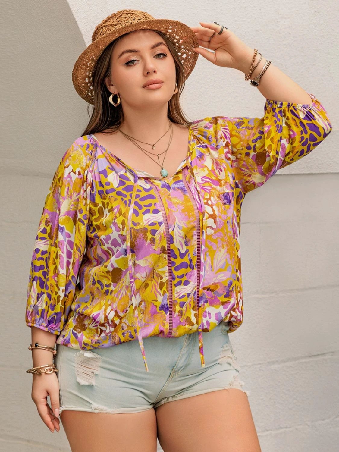 Plus Size Printed Tie Neck Blouse by Lady Ros