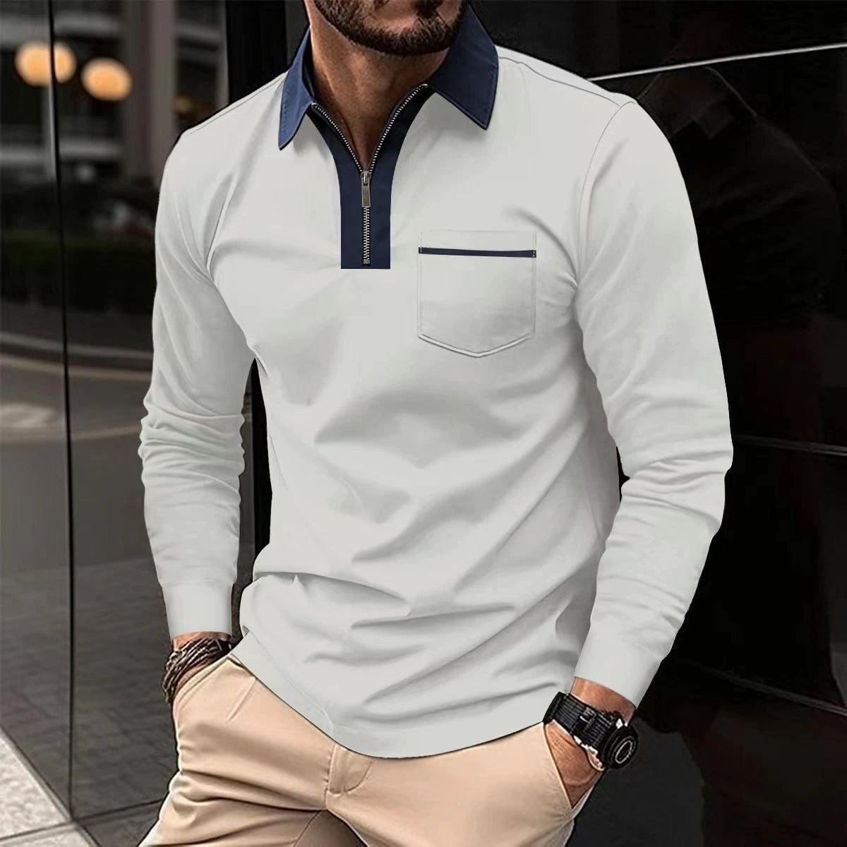 Men's Long Sleeve Zipper Polo Shirts Lapel Collar Zip Up by GJG Denim
