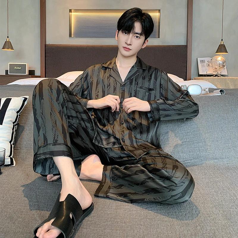 Men's Silk Pajamas V-neck Long Sleeve Two-piece Set by GJG Denim