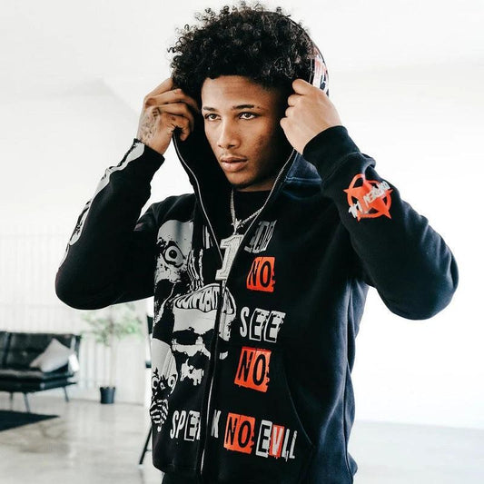 Zipper Letter Character Printed Sweater by GJG Denim