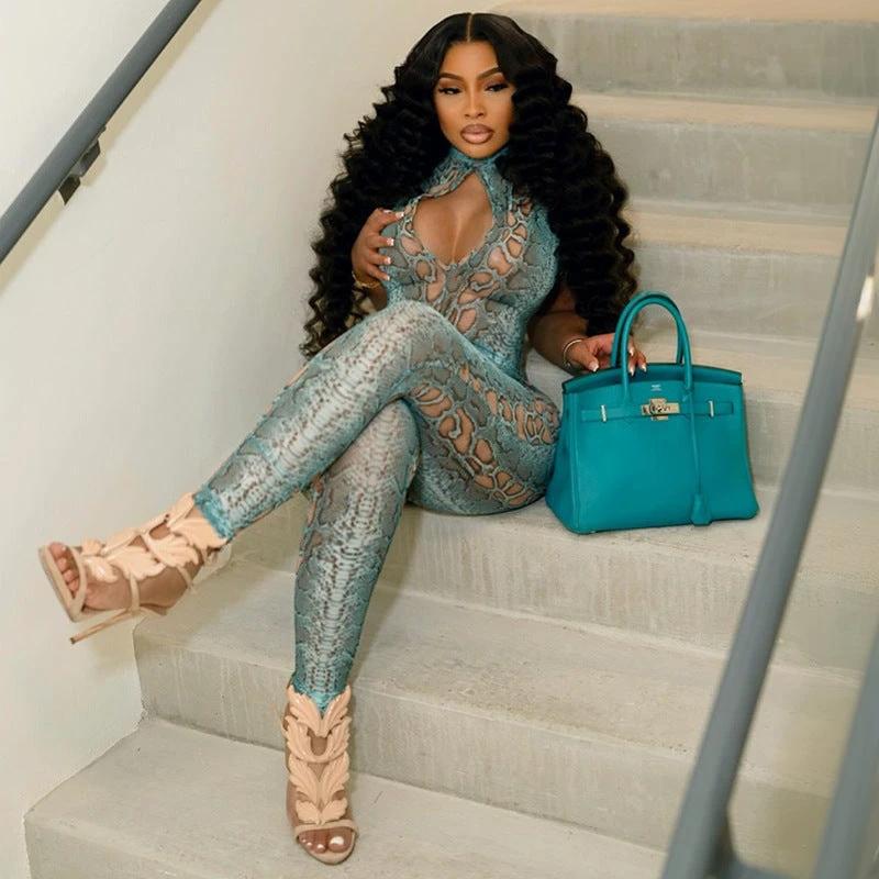 Sexy Printed Semi-high Neck Hollow-out Tight Zipper Jumpsuit Pants by GJG Denim