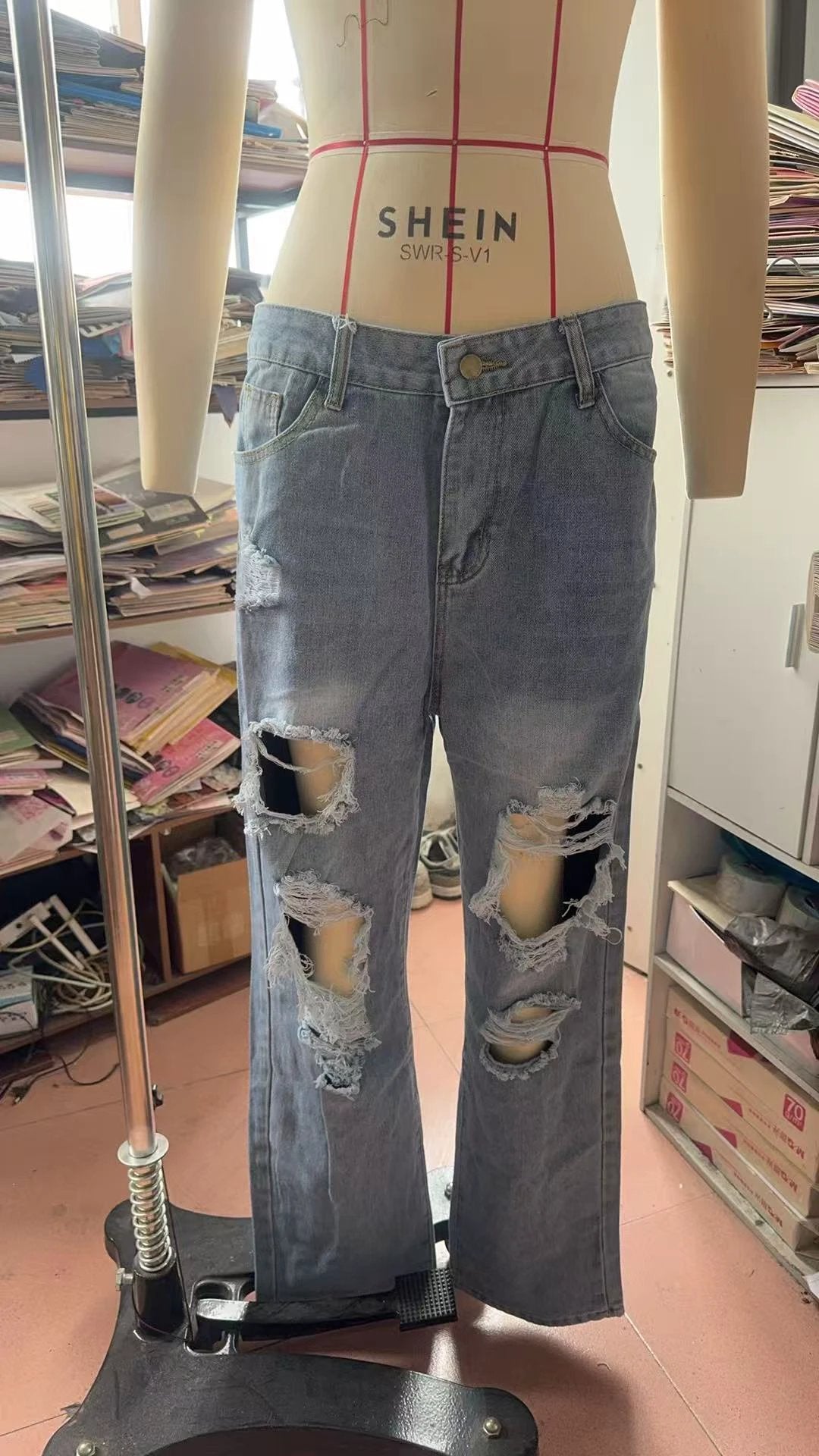 Women's Ripped Jeans, European And American Fashion, Stone Washed High-Waisted Straight Leg Long Pants, European And American Style by GJG Denim