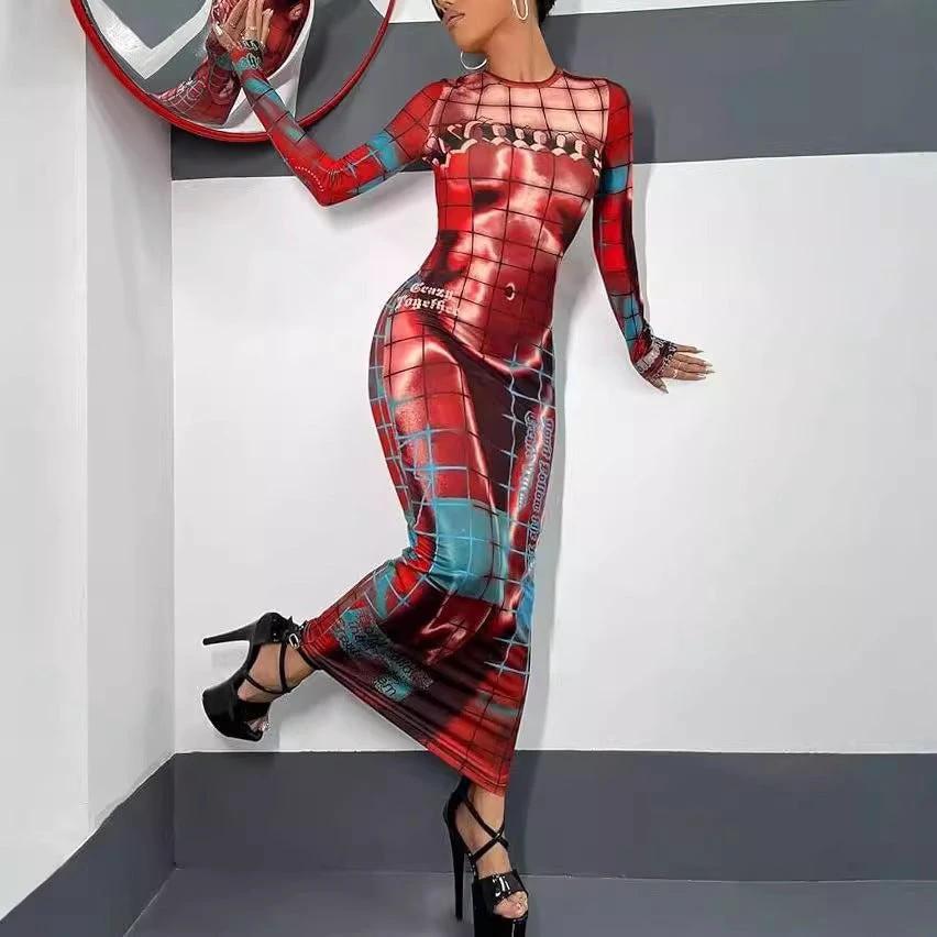 Fashion Women's Printed Wear Long Sleeve Narrow Dress by GJG Denim
