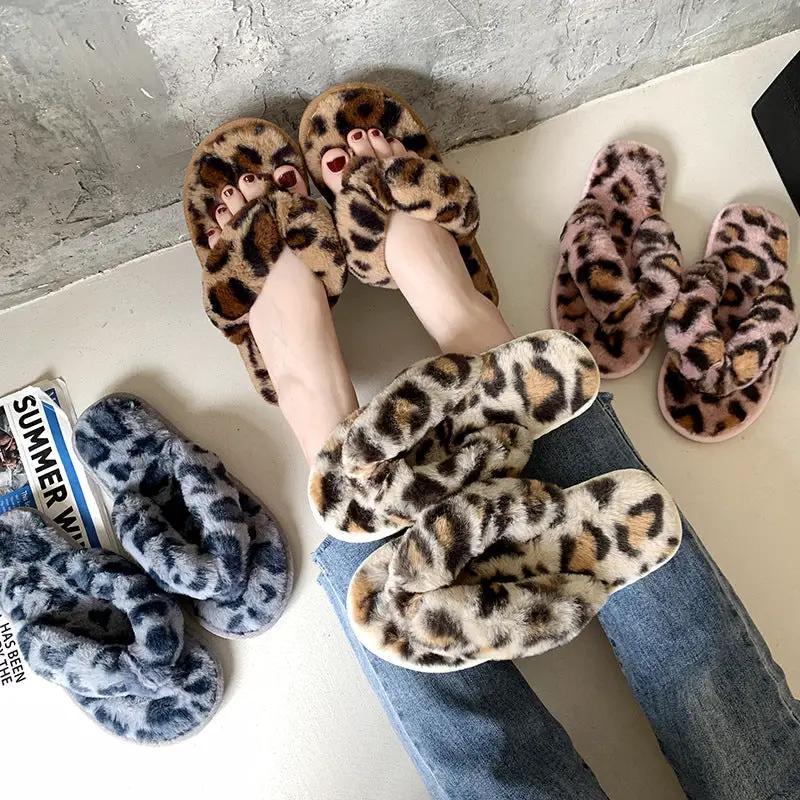 New Leopard Cross Fluffy Slippers Women's Home Indoor Fashion Plush Cotton Slippers Flip-flops Women by GJG Denim