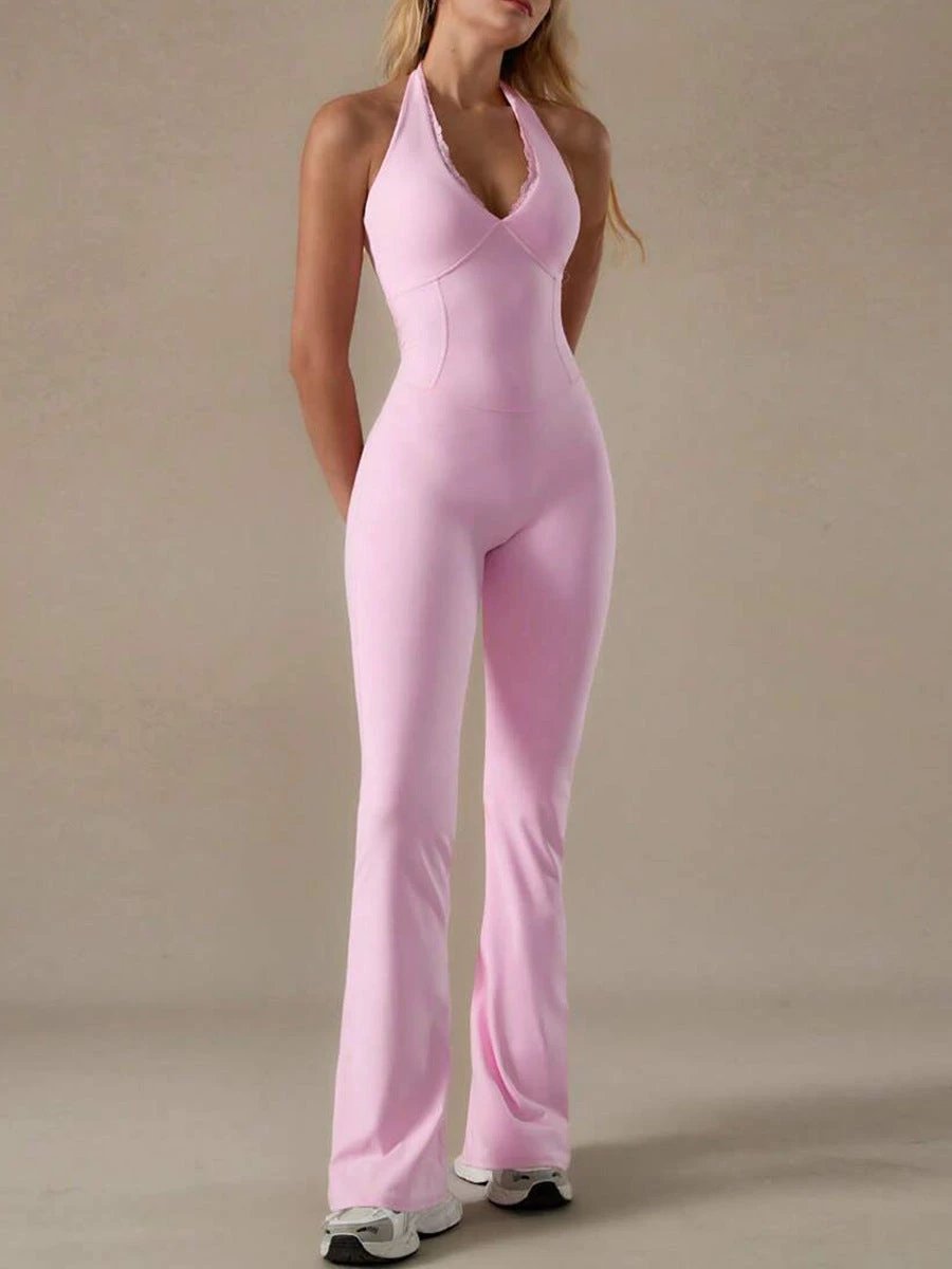 Lace Neckline Yoga Clothes Trousers Running Sports Neck-hanging Jumpsuit by GJG Denim