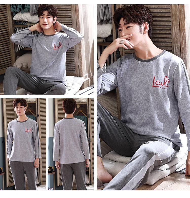 Men's Casual Knitted Long Sleeve Round Neck Pajama Set by GJG Denim