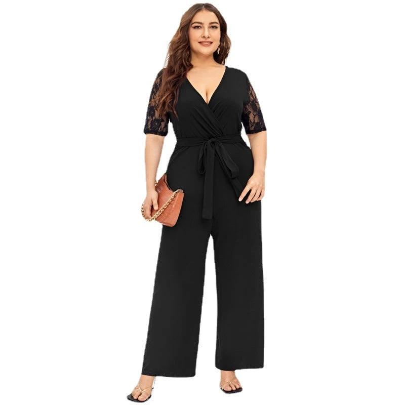 Women's Deep V Neck Lace Short Sleeve Plus Size Jumpsuit by GJG Denim