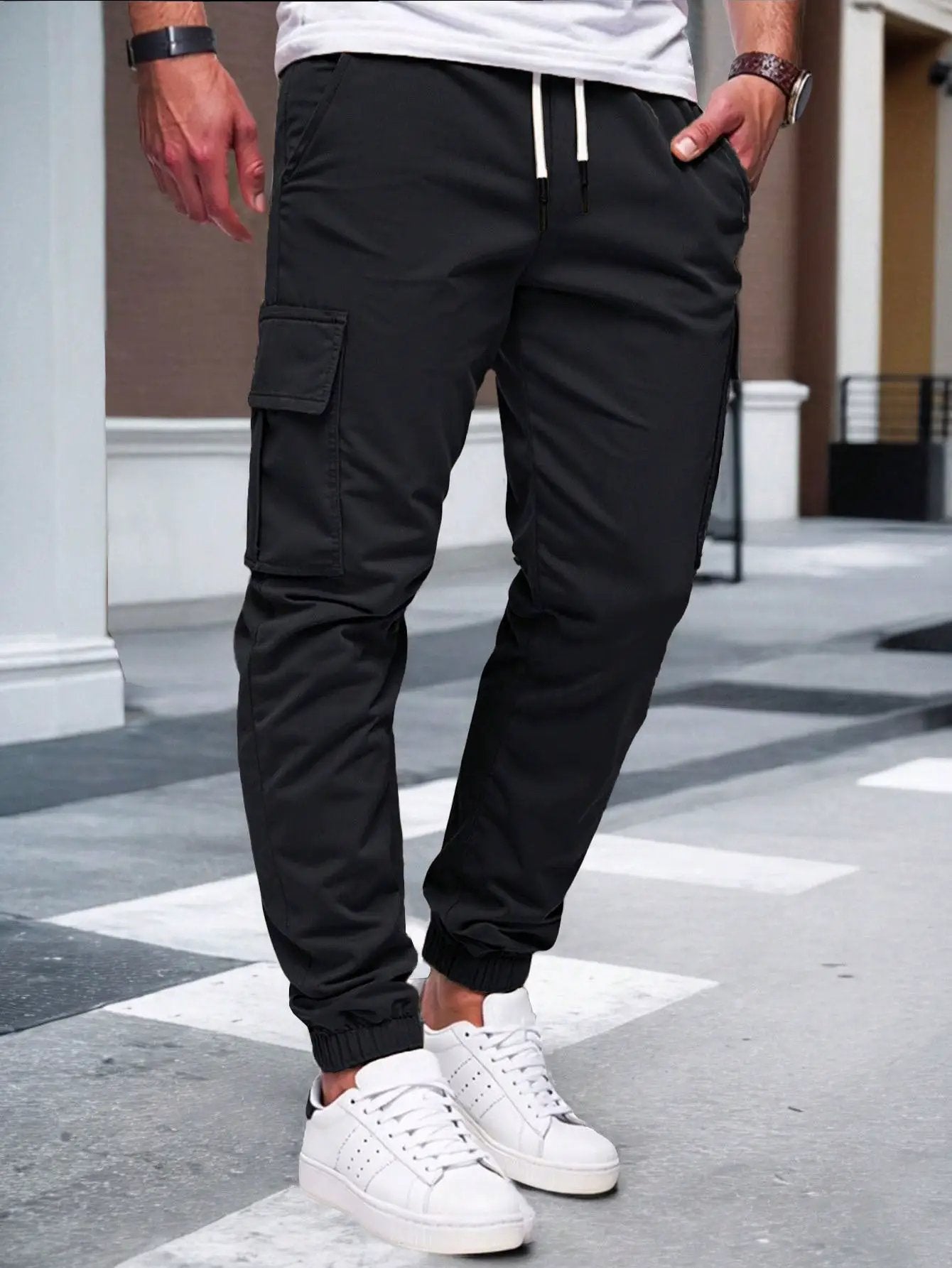 Mens Solid-color Pants With Drawstring Elastic Cuffs by GJG Denim