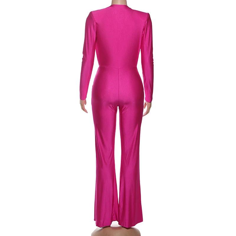 New Women's Fashion Sexy Deep V Long Sleeve Slim Fit Flared Jumpsuit by GJG Denim