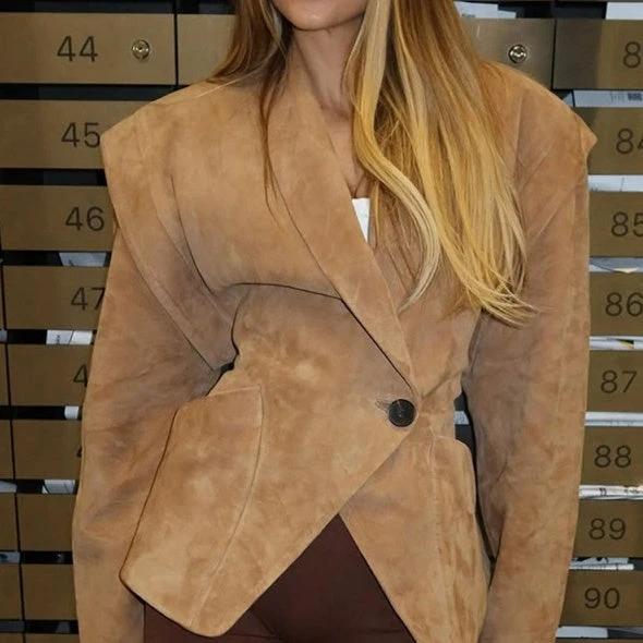 Solid Color Suede Lapel And Waist Tight Slim-fitting Patchwork Jacket by GJG Denim