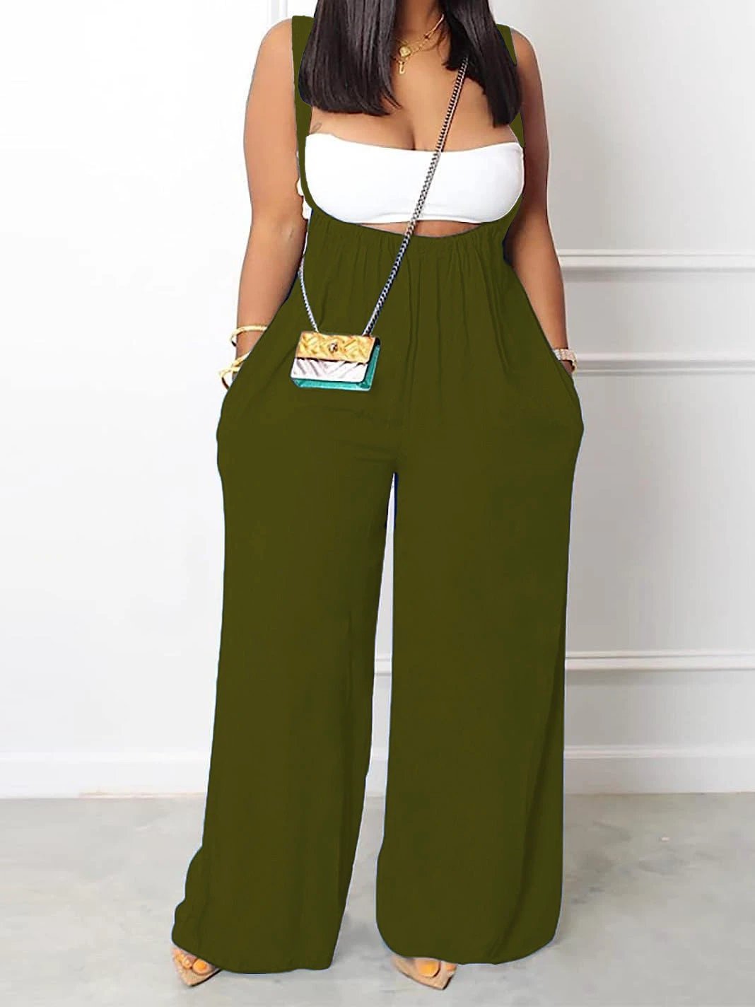 Plus Size Solid Color Pocket Overalls Casual Women's Pants by GJG Denim
