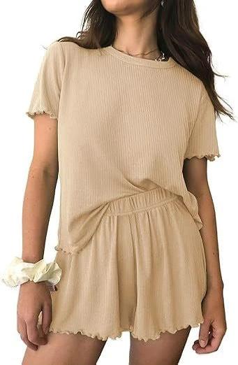 Relaxed Casual Cre Neck Short Sleeve Top And Shorts Set by GJG Denim