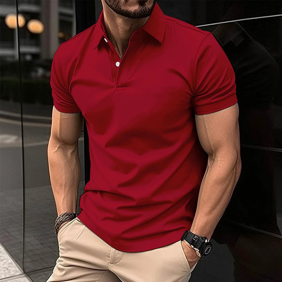 Short Sleeve Polo Shirt Men Solid Color Button Lapel Button Top by GJG Denim