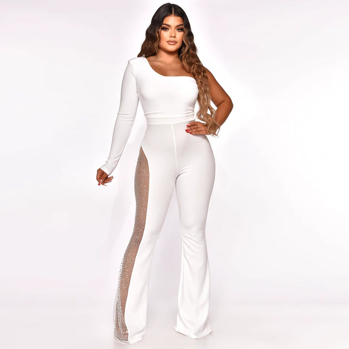 Fashion Mesh Patchwork Hot Drilling Micro-pull Jumpsuit by GJG Denim
