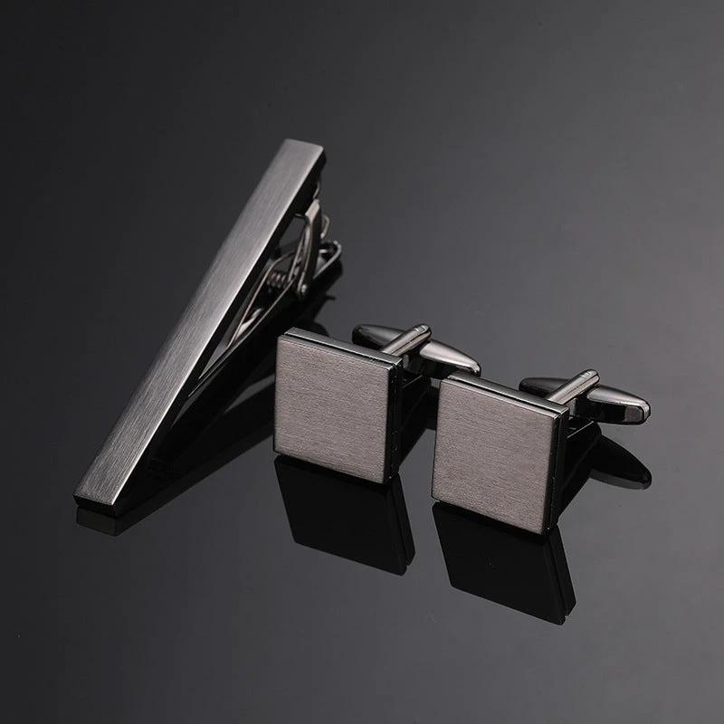 Gold Silver Black Square Brushed Tie Clip And Cufflinks by GJG Denim