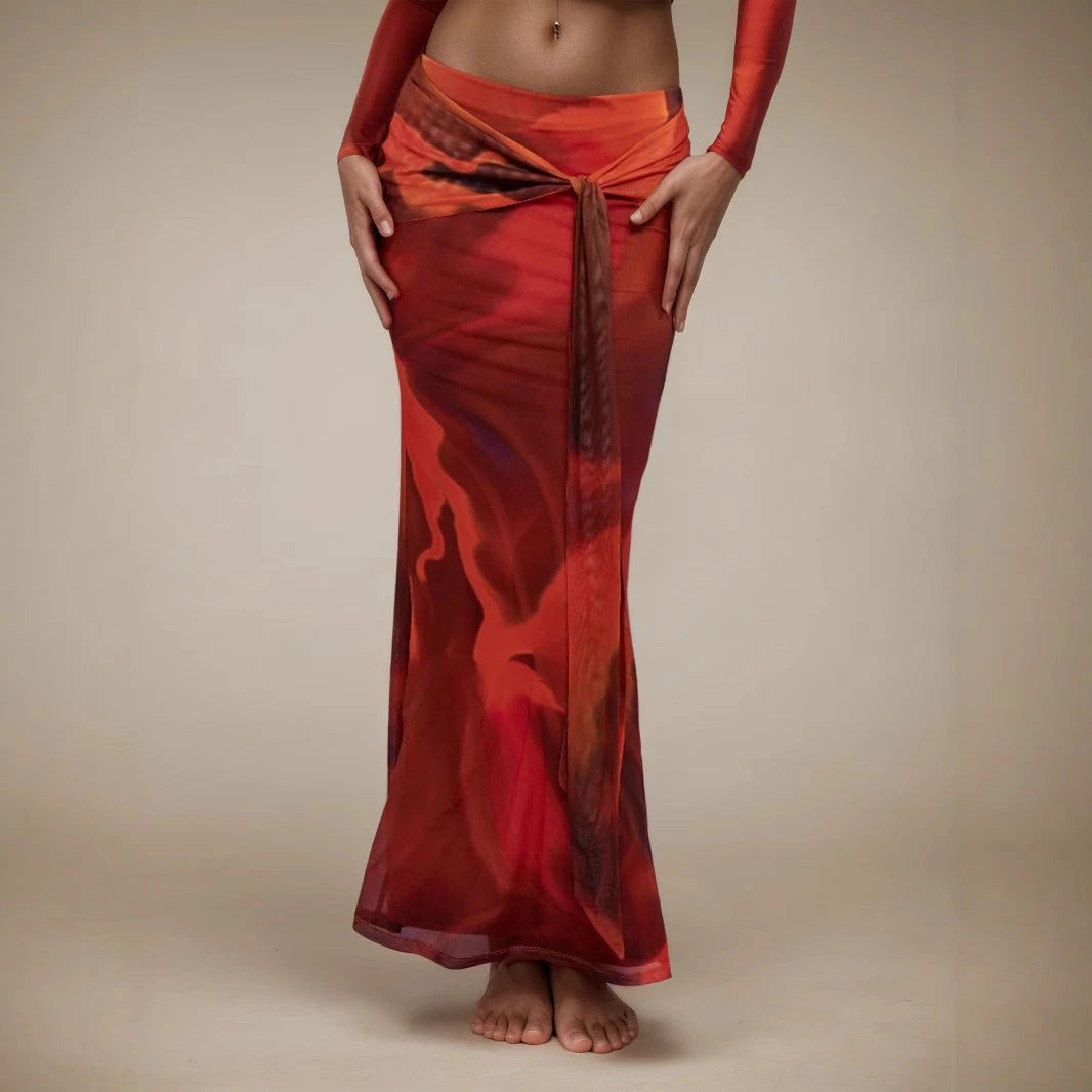 Retro Printed Slim-fit Long Skirt by GJG Denim
