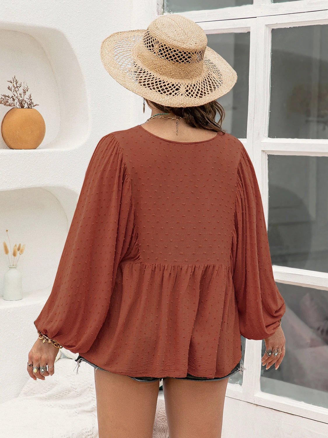 Plus Size Swiss Dot Tie Neck Long Sleeve Blouse by Lady Ros