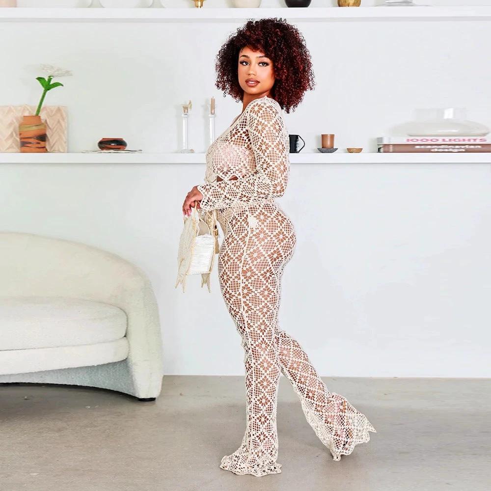 O-neck Short Top Bell-bottom Pants Lace Suit Without Lining by GJG Denim