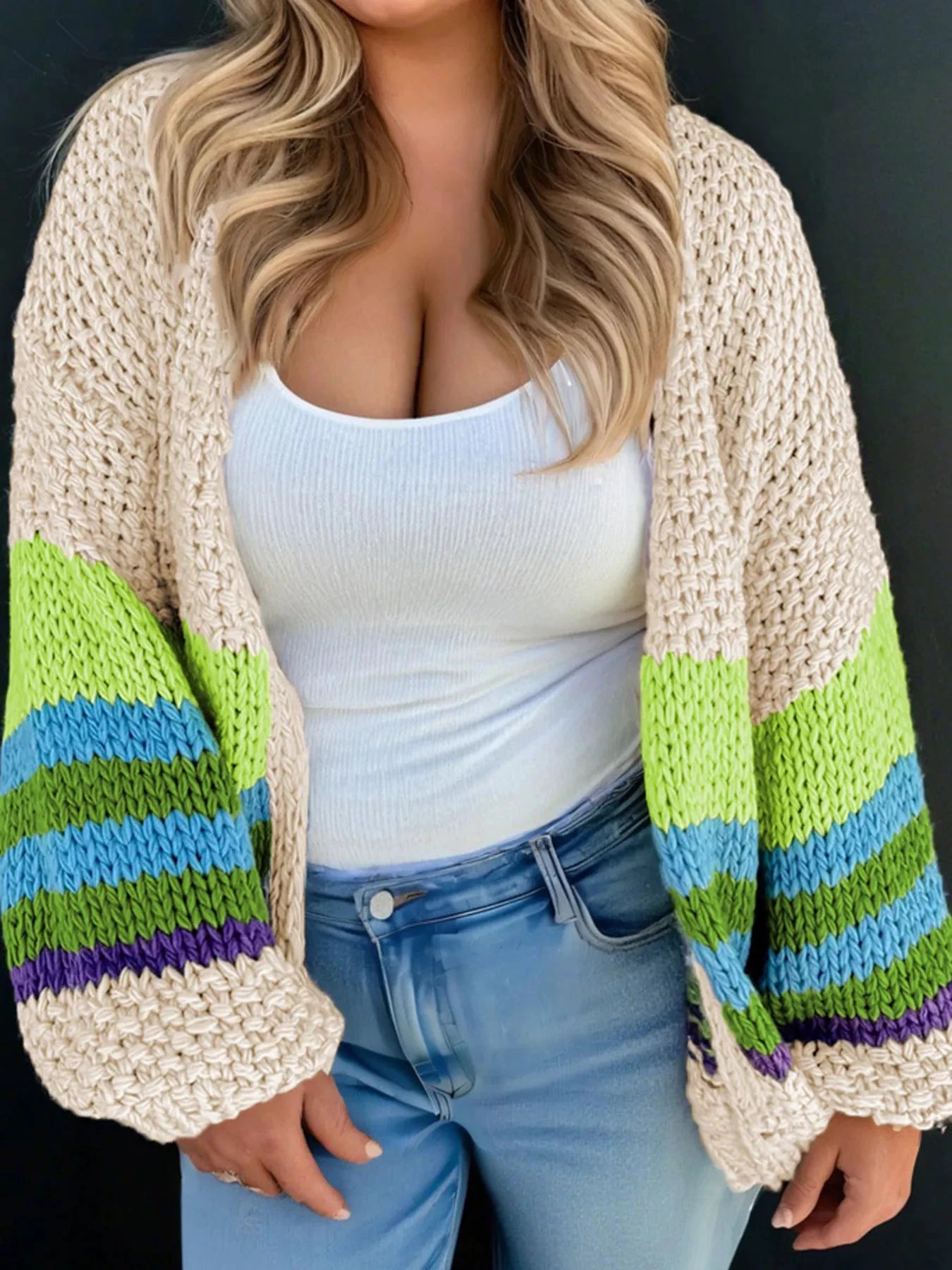 Plus Size Color Block Crochet Open Front Cardigan by Lady Ros