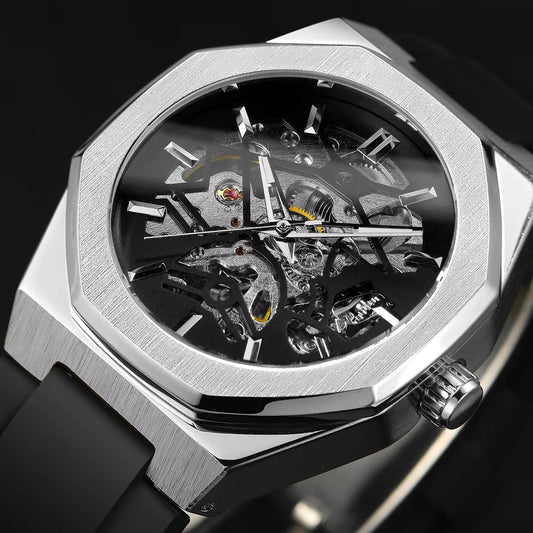 Casual Silver Hollow Skeleton Rubber-band Automatic Mechanical Watch For Men by GJG Denim