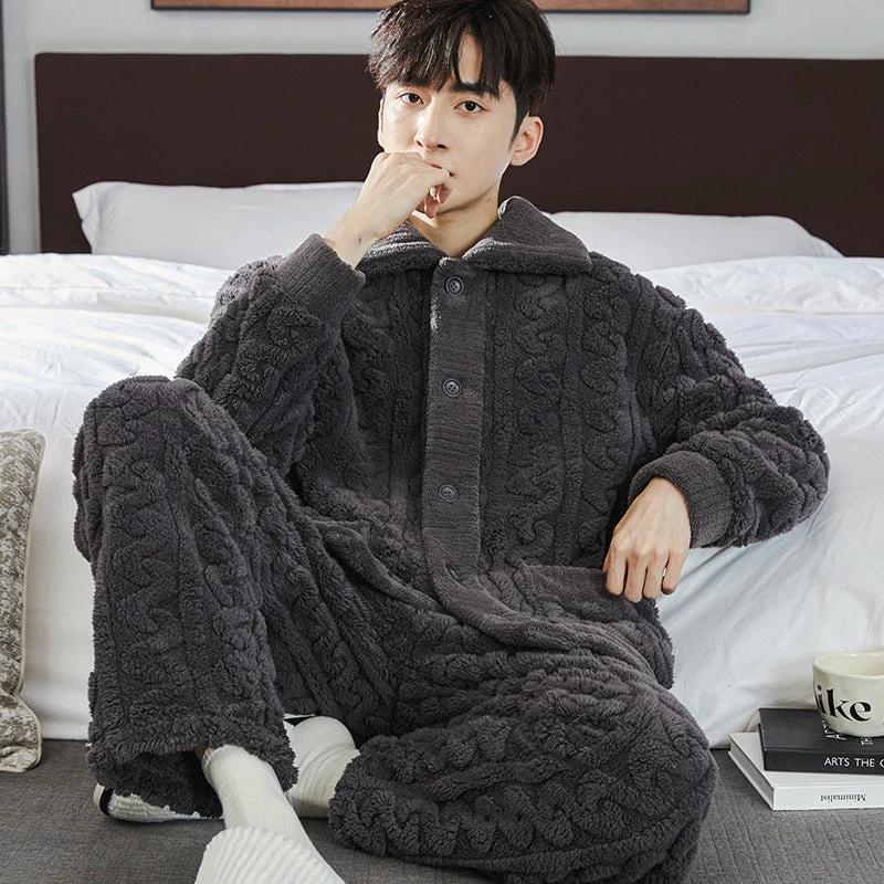 Pajamas Men's Jacquard Flannel Loose Fleece-lined Warm Loungewear by GJG Denim