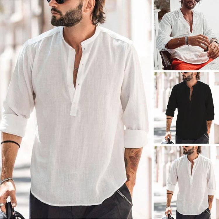 Men's Casual Stand-up Collar Solid Color Long Sleeve Shirt by GJG Denim