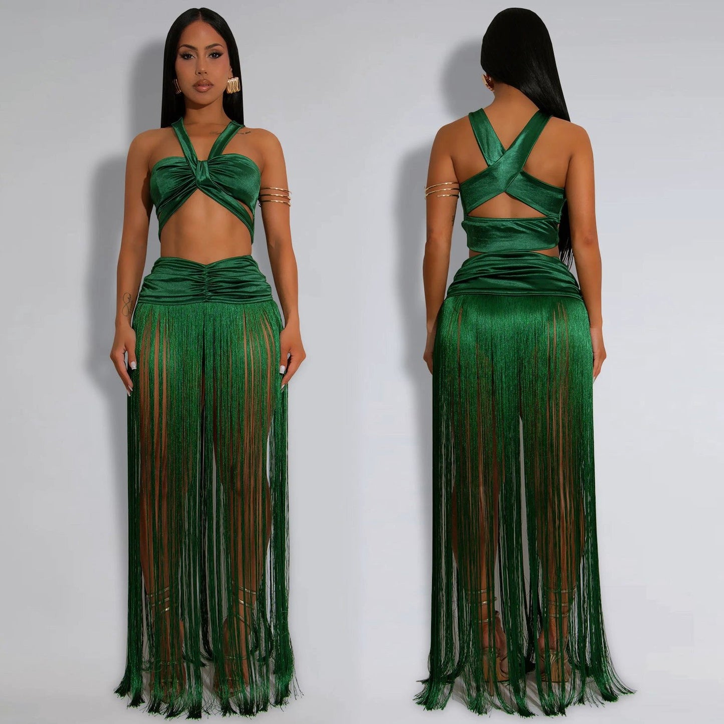 Sexy Shoulder Strap Top Tassel Skirt Two-piece Set by GJG Denim