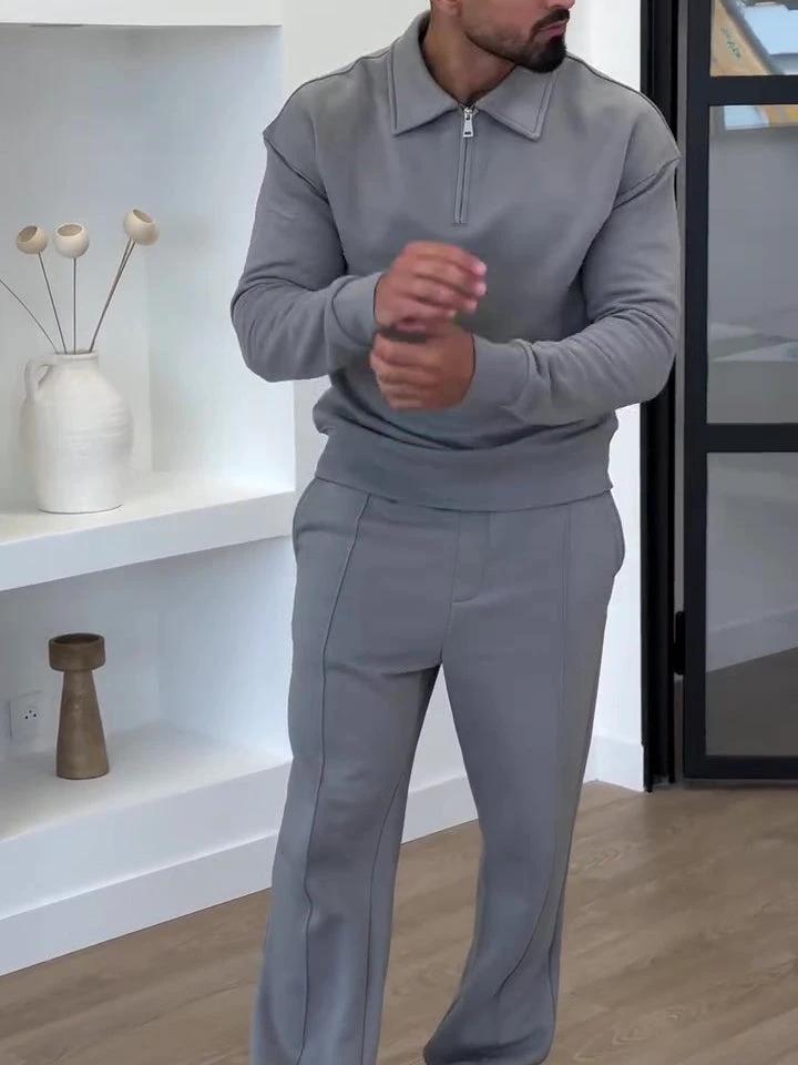 Men's Half-Zip Polo Sweatshirt & Slim Flare Pants Set by GJG Denim