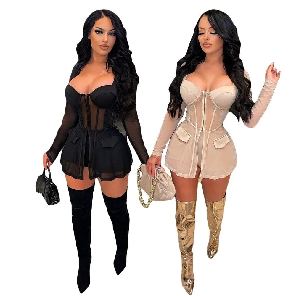 Gauze Mesh Sheer Two Piece Sportswear Women Zip Top Black Shorts Set by GJG Denim