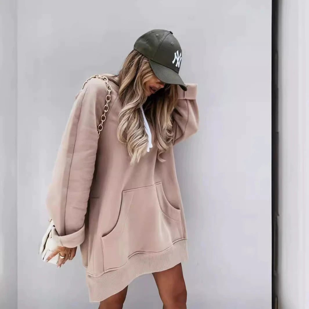 Women's Solid Color Hooded Mid-length Sweater by GJG Denim