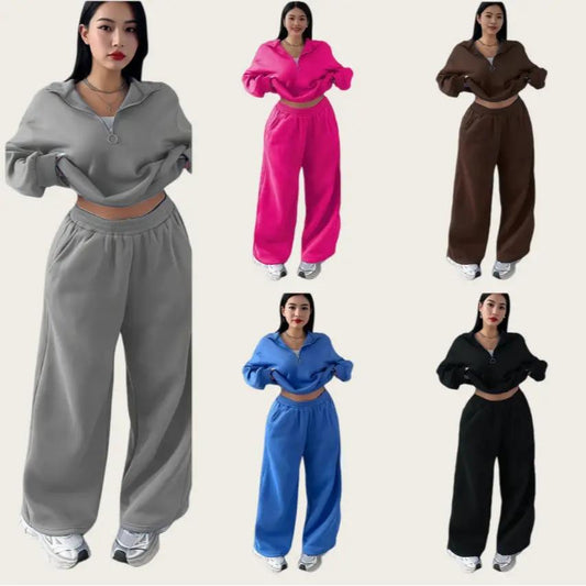 Casual Womens Fashion Half-Zip Pullover Hoodie And Pants Two-Piece Set by GJG Denim
