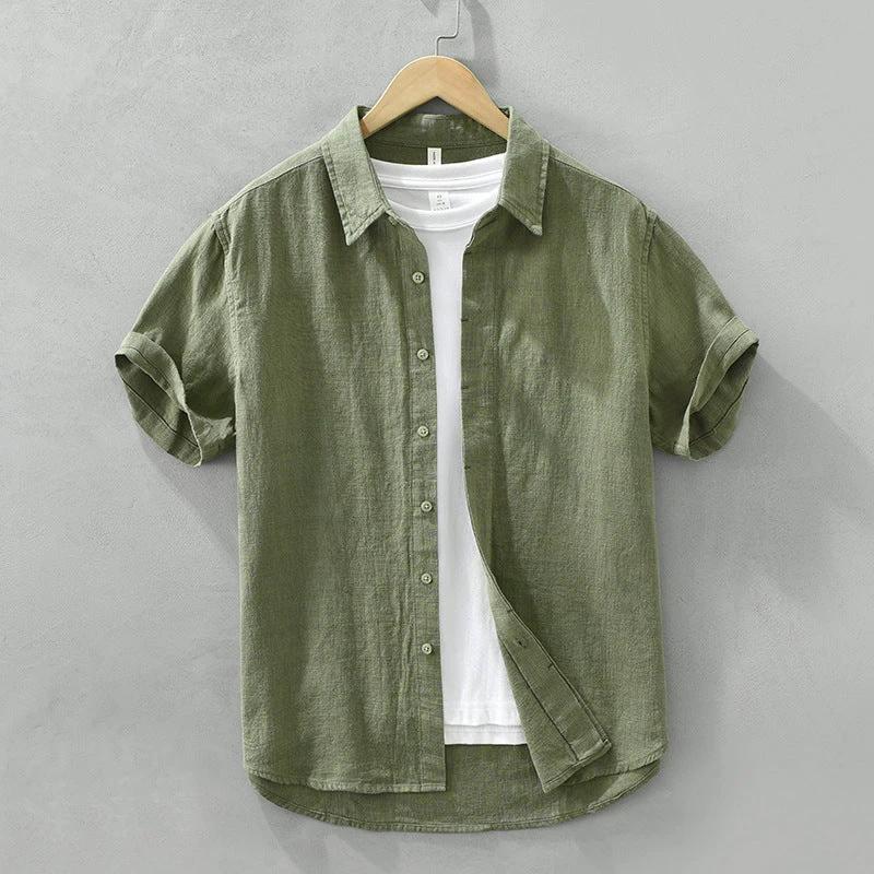 Comfortable Breathable Cotton And Linen Lapel Short Sleeve Shirt by GJG Denim