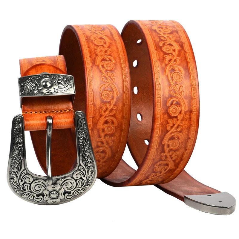 Men's Embossed First Layer Cowhide Mongolian Style Personalized Carved Belt by GJG Denim