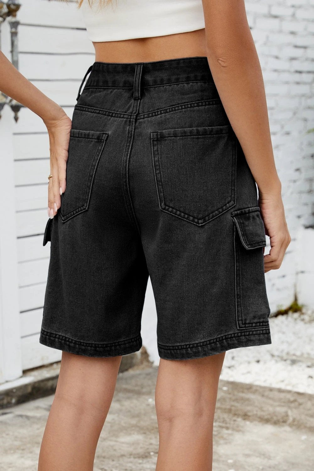 High Rise Denim Shorts with Cargo Pockets by Lady Ros