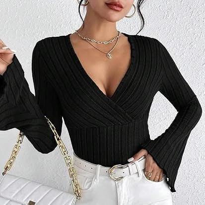 Women's Autumn And Winter Rib Sunken Stripe V-neck Flared Slim-fit Long Sleeve T-shirt Elegant Women's Top by GJG Denim