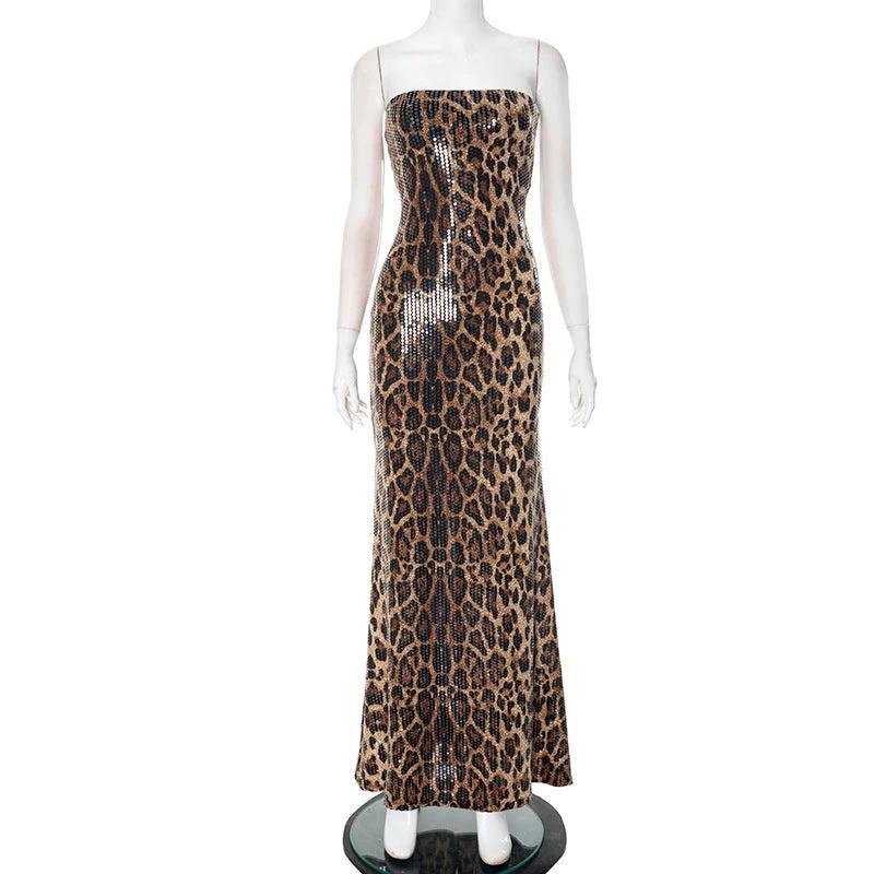 European And American Contrast Color Leopard Print Sexy Tube Top Dress Women by GJG Denim