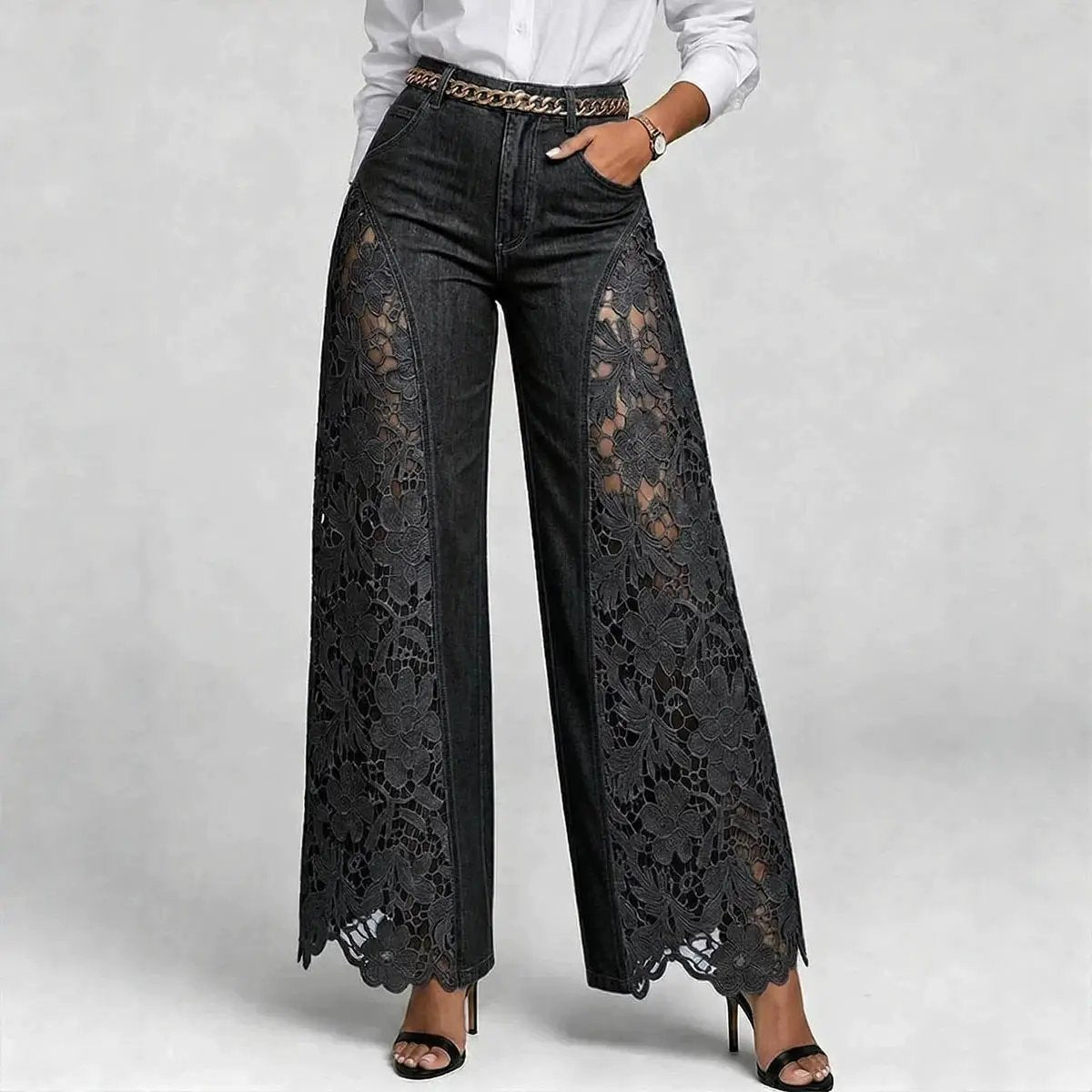 High-waisted Wide-leg Pants Womens Lace-panelled Jeans by GJG Denim