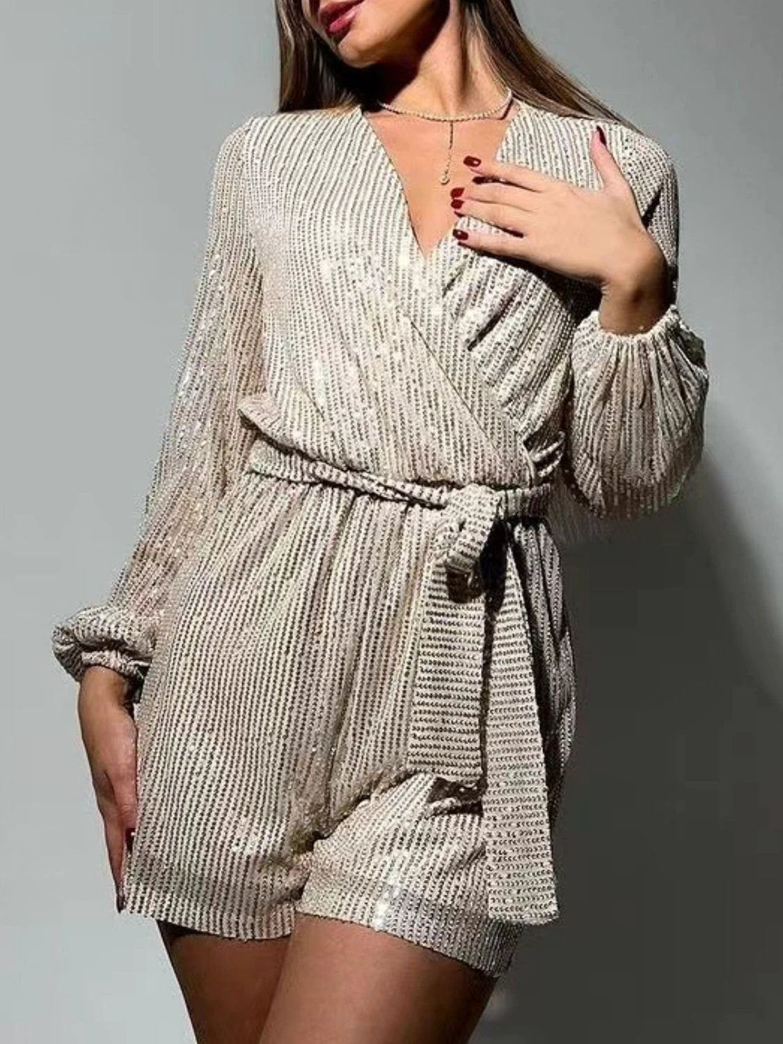 Full Size Sequin Surplice Tie Waist Long Sleeve Romper by Lady Ros